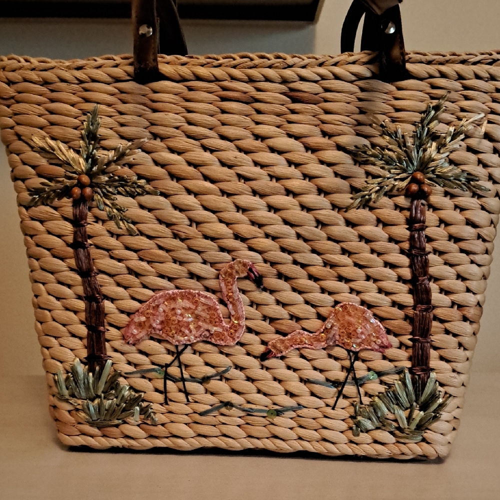 St. John Collection Woven Straw Tote with Pink Sequin Flamingos